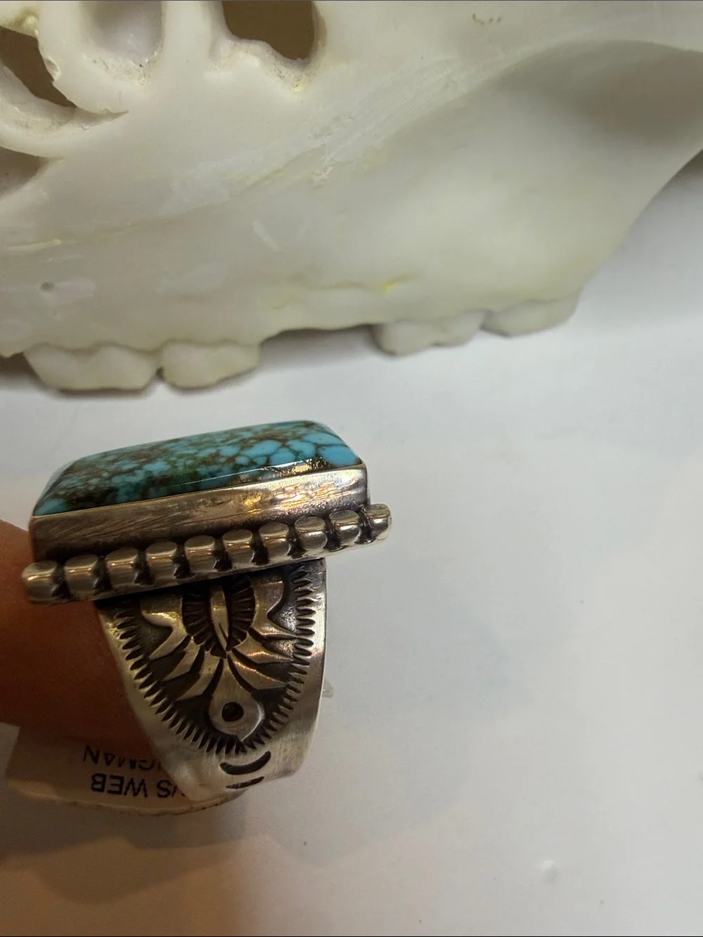 Sterling Silver Turquoise Web Kingman Sz 9.5 Stamped by Samuel Yellowhair Navajo
